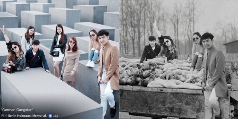 ‘Selfies’ no monumento para as vítimas do Holocausto. O artista Shahak Shapira viralizou com grande sucesso esta série de montagens fotográficas depois de se cansar de ver nas redes sociais ‘selfies’ no espaço construído em Berlim para recordar as vítimas do Holocausto. Seu projeto, Yolocaust, causou tamanho rebuliço midiático que as doze pessoas que apareceram nele (Shapira pegou as fotos das redes sociais), entenderam a problemática de sua imagem no monumento, pediram desculpas e as retiraram da Internet.