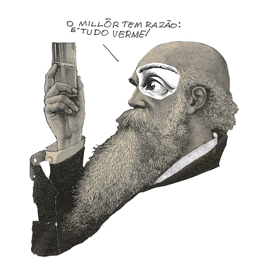 A sátira ácida e a convicção de que não existe humor a favor do poder foram marcantes na carreira. Desenho, 1992. Colagem, hidrocor e corretor sobre papel, 32,9 x 21,6 cm.