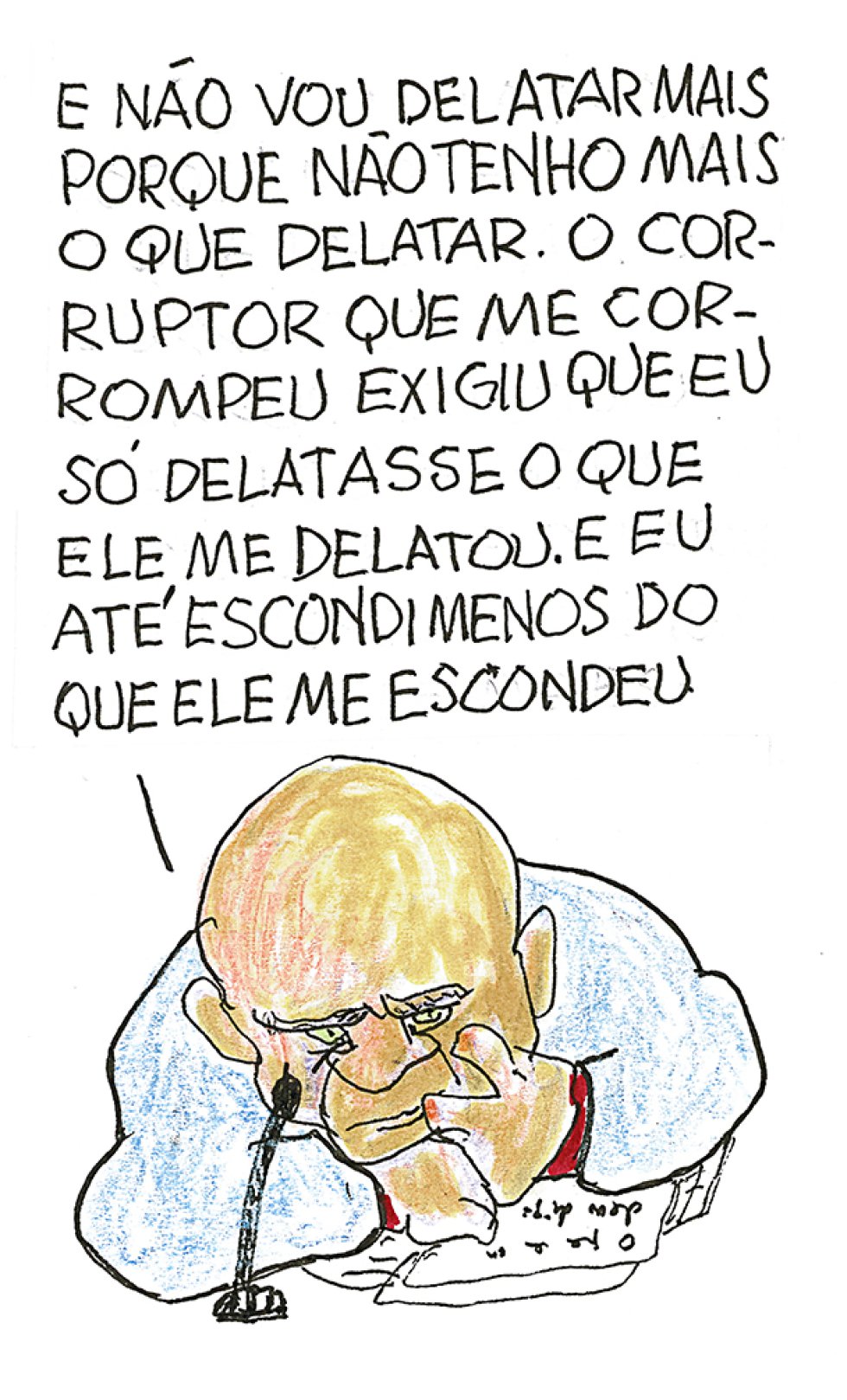A obra faz jus a um dos famosos aforismos de Millôr: "o Brasil tem um passado enorme pela frente", com temas que vão e vem na esfera pública, como corrupção e desespero na vida nacional. Desenho, 2005. Nanquim, hidrocor, crayon, colagem e grafite sobre papel, 21 x 29,6 cm.