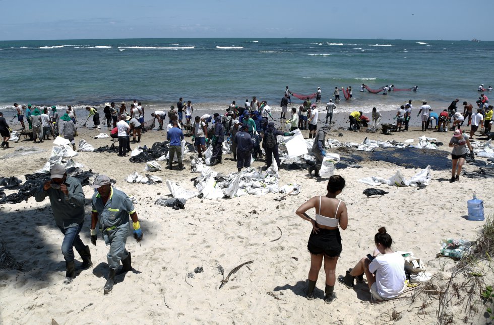 Centenas de voluntários trabalharam para a remoção das manchas de óleo. Com ferramentas, sacos e equipamentos provenientes de doações, o grupo trabalhou durante todo o dia na Praia do Paiva, Cabo de Santo Agostinho, Pernambuco.