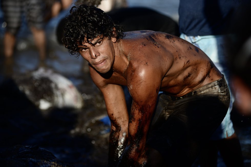 Um voluntário submerge as mãos na água do mar para retirar o óleo que contamina a praia de um dos maiores centros de turismo do Nordeste. Pedra de Xaréu, Cabo de Santo Agostinho, Pernambuco.