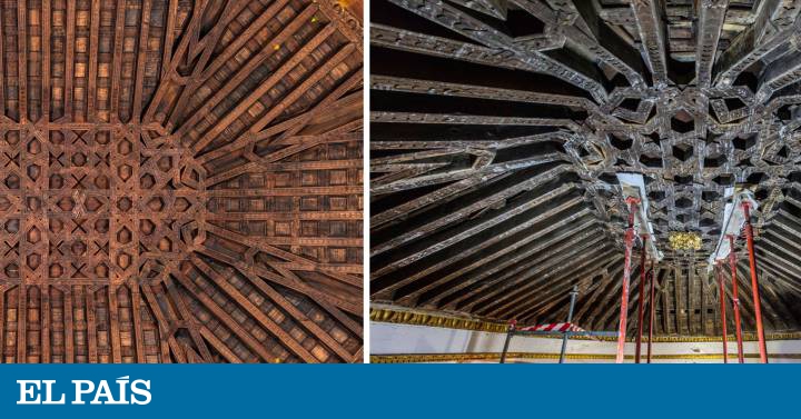 Restaurado el artesonado secreto tras el falso techo de Santa María la