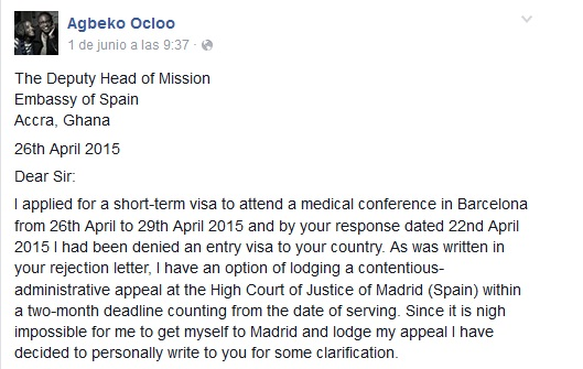 Carta de un cirujano ghanés a la embajada española en 