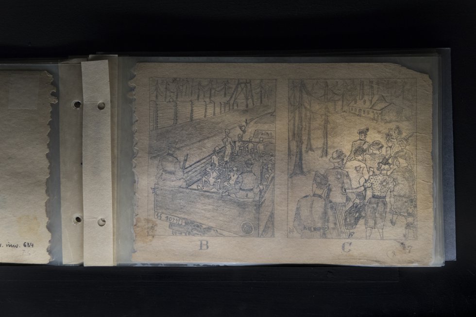 Documento original de 'El cuaderno de bocetos de Auschwitz', que muestra la vida cotidiana y el horror del campo.