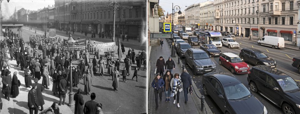 En este combo se ve la avenida Liteyniy Prospekt en San Petesburgo. A la izquierda, soldados llevando pancartas revolucionarias mientras marchan por la avenida en una imagen tomada en octubre de 1917. A la derecha, un atasco y gente paseando el 17 de octubre de 2017.