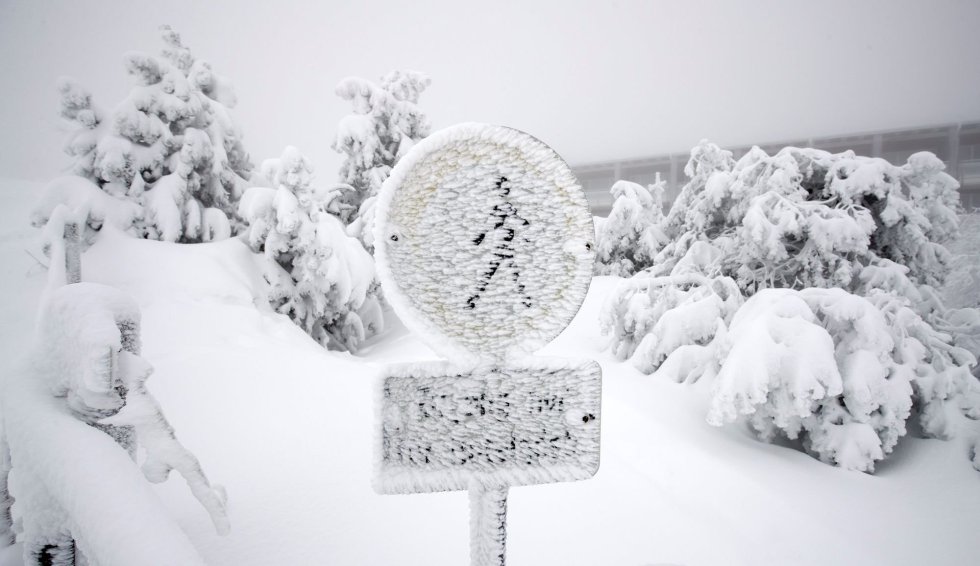 Vista de una señal cubierta por una capa de nieve en la Selva Negra cerca de una autopista en Achern (Alemania).
