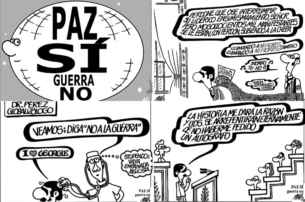 El “no a la guerra” ha sido una constante en las viñetas de Forges. El humorista gráfico apoyó con sus dibujos el clamor contra la invasión estadounidense de Irak en 2003, apoyada por el Gobierno de José María Aznar.