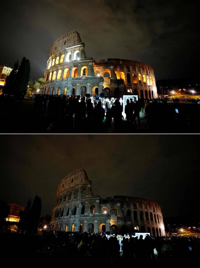 estas dos imÃ¡genes muestra el antiguo Coliseo iluminado y en la oscuridad durante la iniciativa de la Hora del Planeta en Roma, Italia.