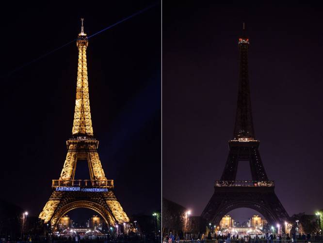 Estas dos imÃ¡genes muestran la Torre Eiffel antes y durante la Hora del Planeta en ParÃ­s, Francia.