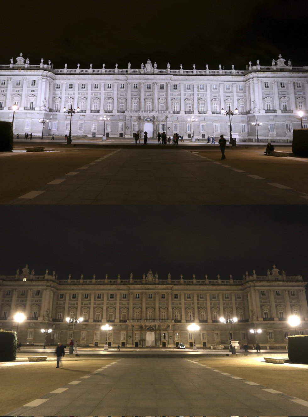 El Palacio Real de Madrid antes y durante La Hora del Planeta. rn
