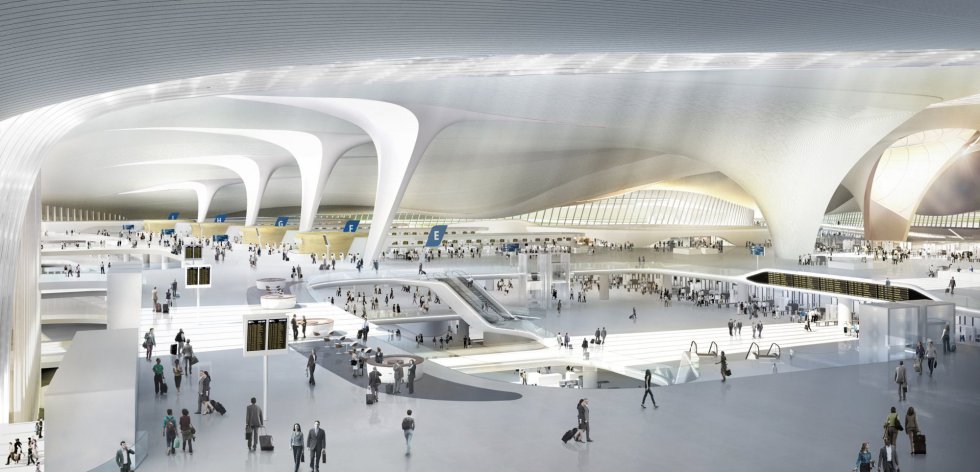 El nuevo aeropuerto de Pekín contará con más de 700.000 metros cuadrados y una capacidad para acoger a más de 45 millones de pasajeros. El coste de la obra se estima en unos 13 billones de dólares, 10,5 billones de euros.