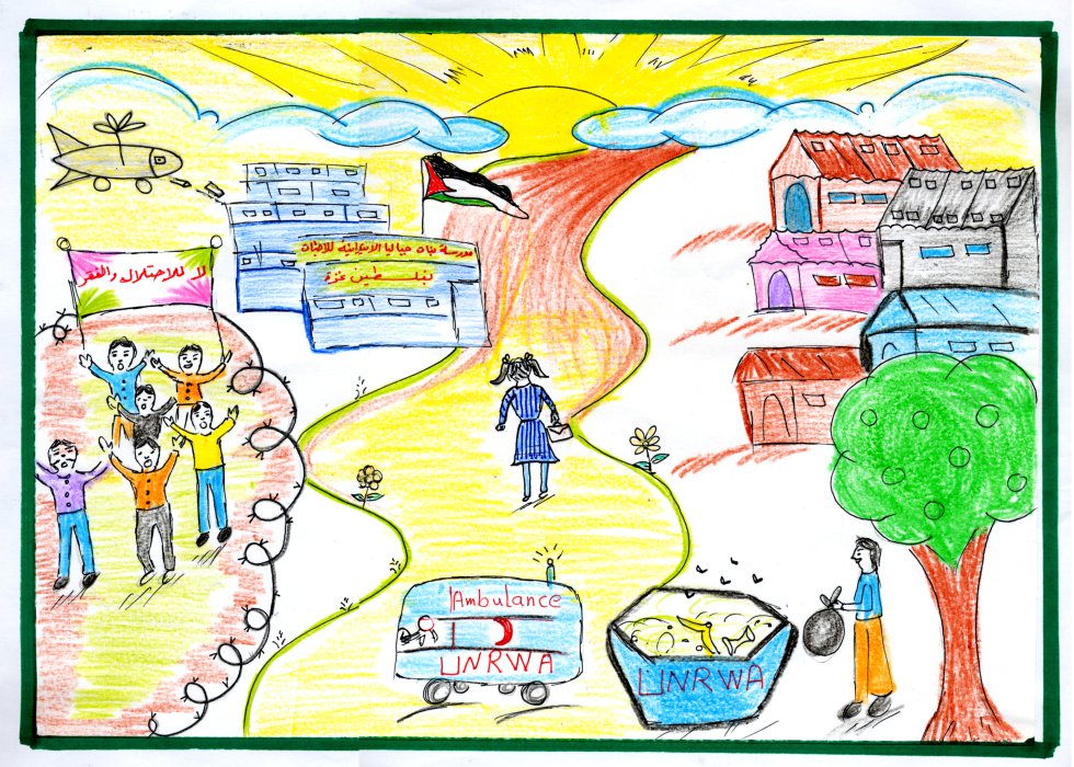 Iman Fakheri Salheh tiene 10 años y vive en Jabalia con su familia, formada de 11 personas. Su madre es maestra en la misma escuela donde ella estudia y su padre es desempleado. El dibujo representa la tragedia y las aspiraciones de un futuro mejor. "Entre la gente del campamento reina el miedo y el pánico, día y noche, por el bombardeo, y la tristeza por los asesinatos", dice en un testimonio recogido por UNRWA.