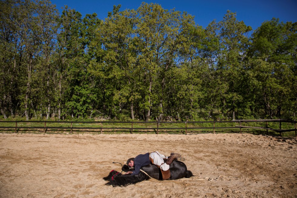 Fernando Noailles, terapeuta emocional, tumbado junto a su caballo en Guadalix de la Sierra.