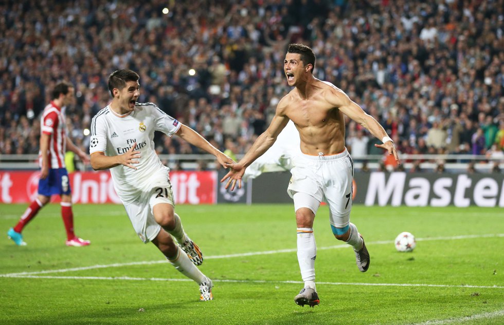 Ronaldo celebra su gol ante el Atlético de Madrid con Ãlvaro Morata, el cuarto del equipo blanco, durante la final de Champions en Lisboa, el 24 de mayo de 2014.