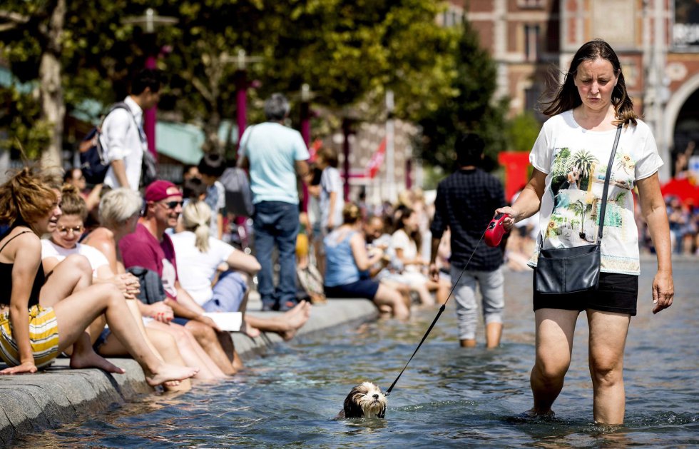 Una turista pasea dentro de una fuente junto a su perro en Amsterdam (Holanda).