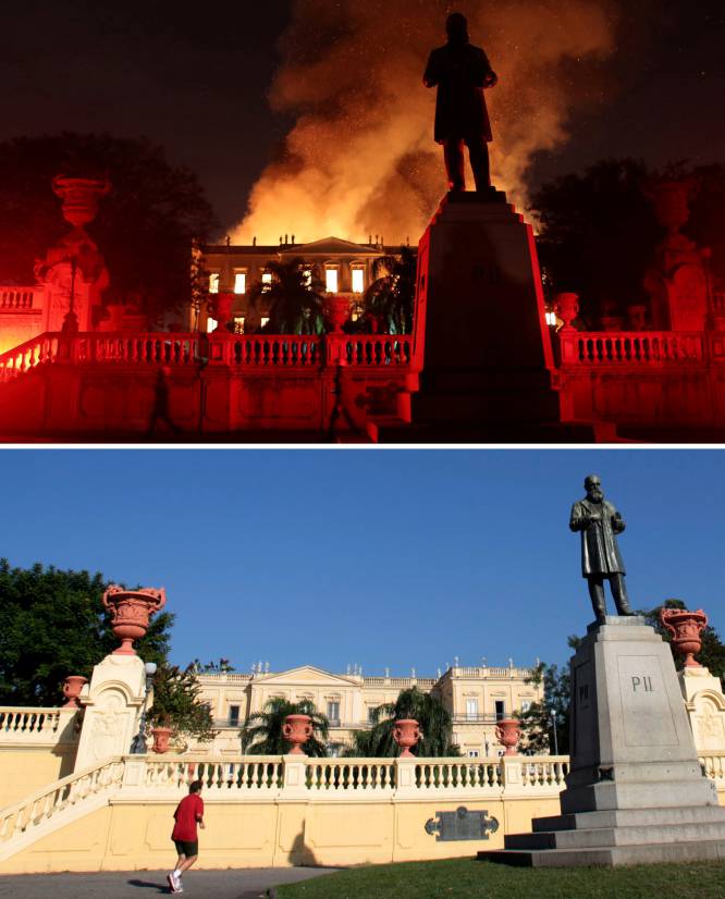 En la imagen superior, bomberos tratan de apagar el incendio en el Museo Nacional de Brasil, el 2 de septiembre de 2018. En la imagen inferior, un hombre hace ejercicio frente al Museo Nacional de Brasil, el 9 de mayo de 2013.