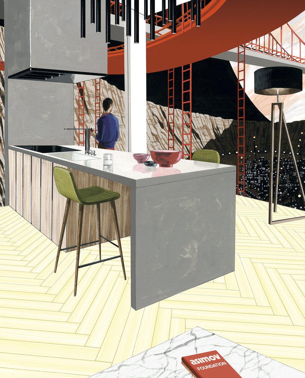 Dice el chef peruano Gastón Acurio que “los domingos todo es más rico”. Se refiere el cocinero a esa sensación, tan difícil de definir pero tan fácil de sentir, que sucede cuando uno está en casa, preferiblemente en la cocina. Hoy las casas son cada vez más pequeñas, así que una opción es convertir la cocina en un lugar de reunión y en un espacio híbrido donde todo pasa. “La cocina se ha transformado en un espacio multidisciplinar, de una fábrica de alimentos ha pasado a ser un lugar de reunión donde se resuelven los conflictos, y esto hace que los materiales que se utilizan en una cocina sean fundamentales a la hora de plantear el resto de la casa”, cuenta Marta Delgado, directora de Interiorismo de Enero Arquitectura. Esta revolución se da en todo tipo de casas, porque todos comemos, todos nos reunimos y, nos guste o no, todos tenemos conflictos que resolver. De ahí que los materiales cerámicos busquen la calidez de la madera y acampen libremente en encimeras y suelos. “Se tiende a buscar elementos que recuerden a la madera porque da calor de hogar”, cuenta Delgado, que apunta que la piedra será el próximo material del futuro. Tenga el aspecto que tenga.  En la ilustración:  Los materiales del futuro serán como Kreta, el nuevo color de la colección Industrial de DEKTON BY COSENTINO. Inspirada en los suelos de cemento clásico, sirve para fabricar encimeras a prueba de apocalipsis. Y, mientras llega ese momento, para cocinar, comer o, ¿por qué no?, dar una pequeña fiesta.