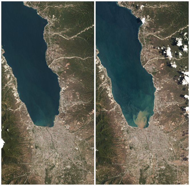 Otras dos imágenes tomadas de la isla de las Célebes: una el 22 de septiembre (izquierda) y otra el 1 de octubre.