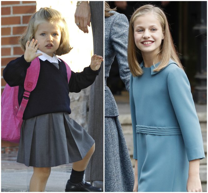 Como no podía ser de otra manera, toda España ha visto crecer a la heredera de la corona, la princesa Leonor. A la izquierda, en 2008, con casi tres añitos en una imagen de su primer día de colegio vestida con el uniforme correspondiente; a la derecha, con 13 años, en la que fue su primera intervención pública oficial con la lectura del artículo 1 de la Constitución el pasado diciembre.