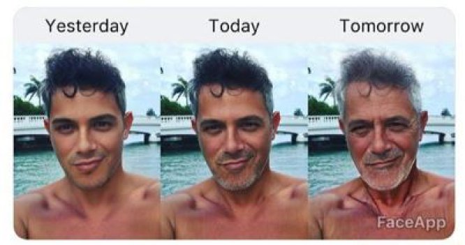 El cantante Alejandro Sanz ha subido una imagen a sus 'stories' de Instagram con este montaje realizado por FaceApp que le ha hecho una seguidora. Antes ya había bromeado jugando con una primera foto antigua y otra actual y haciendo ver que eran del presente y del futuro.