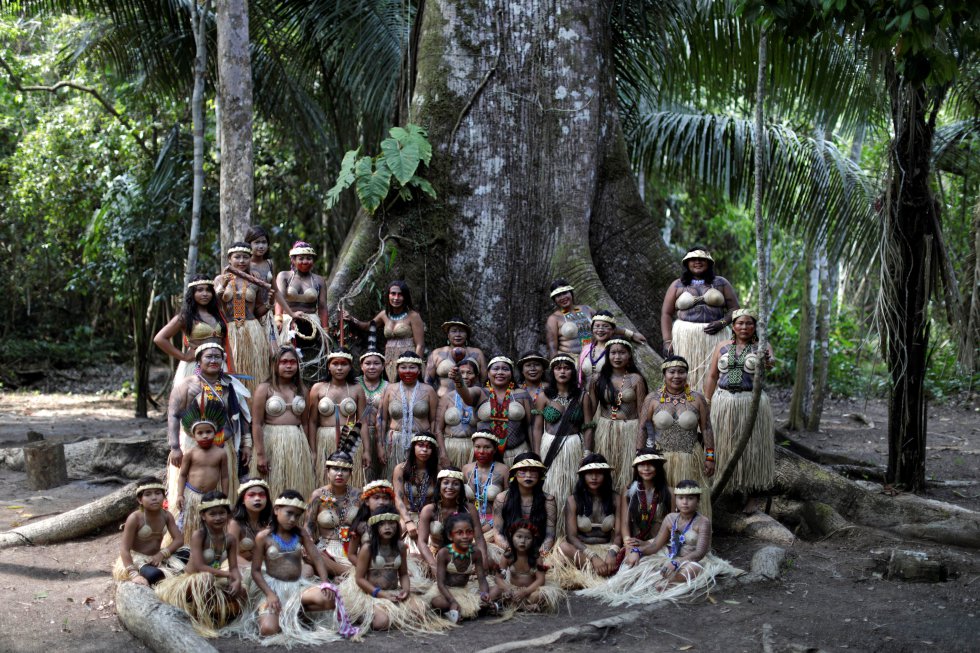 Mujeres de la tribu Shanenawa posan cerca de un árbol Sumauma antes del festival, en la aldea indígena de Morada Nova, cerca de Feijo (Brasil). La mayor parte de la Amazonia se encuentra en Brasil, pero existen partes significantes en Colombia y Perú, donde también han sido detectados incendios.