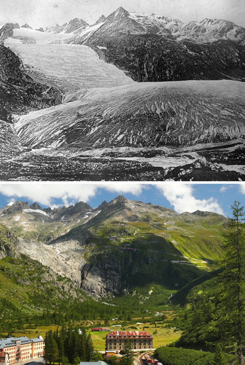El trabajo del fotógrafo de Reuters resulta espectacular en algunos casos, como en estas dos imágenes. El glaciar Rhone, en 1849 (arriba) y en la actualidad. Hace dos días se dio a conocer que   los gases de efecto invernadero en la atmósfera han marcado un nuevo máximo histórico. 