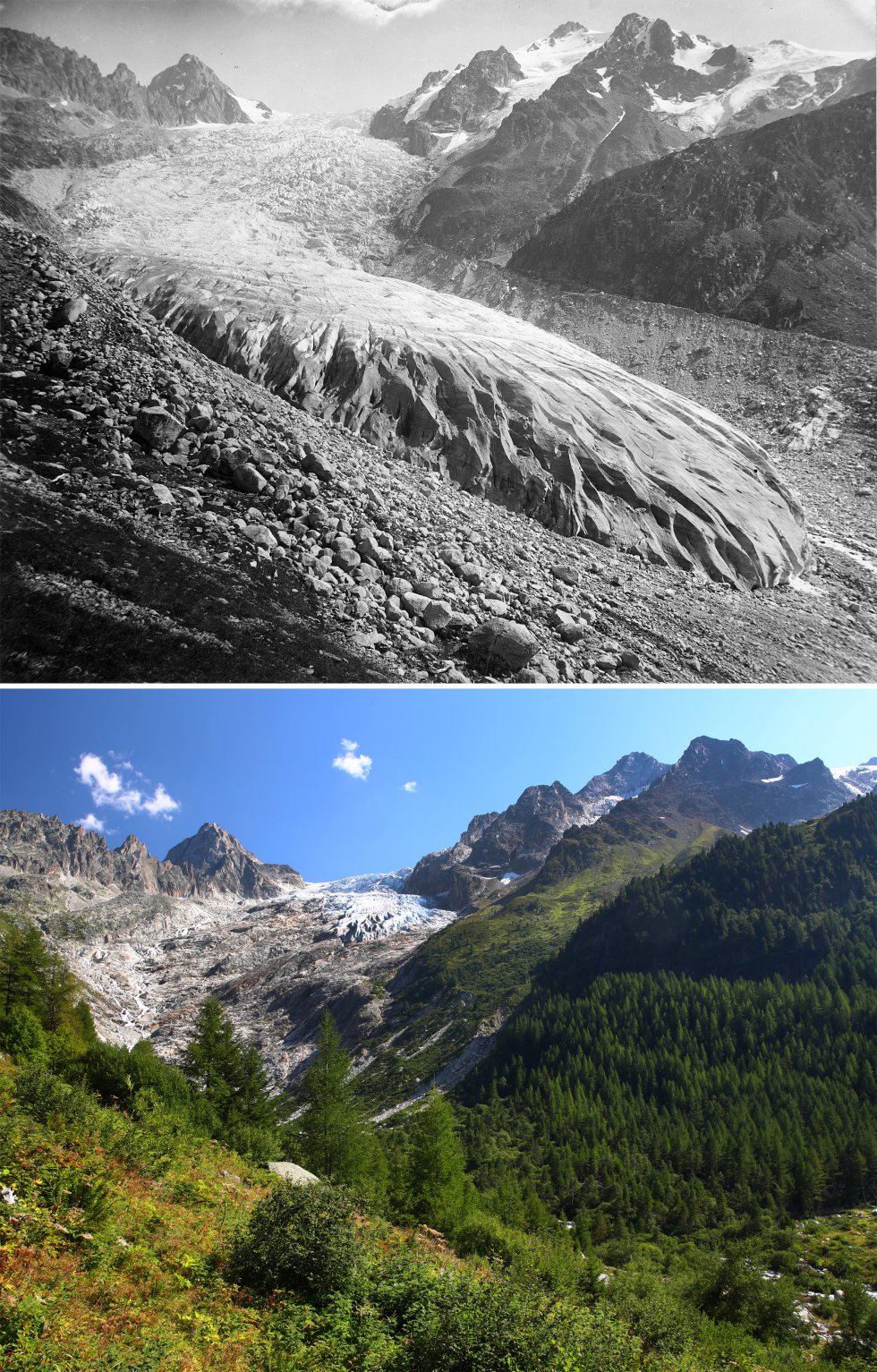Denis Balibouse, que trabaja para Reuters en Ginebra, localizó en distintos archivos varias fotos históricas de las montañas suizas y se empeñó en buscar las mismas localizaciones para comprobar el estado actual de los glaciares. Alguno de ellos ha desaparecido por el calentamiento global. En la imagen, el glaciar Trient en 1891 (arriba) y en agosto de 2019.