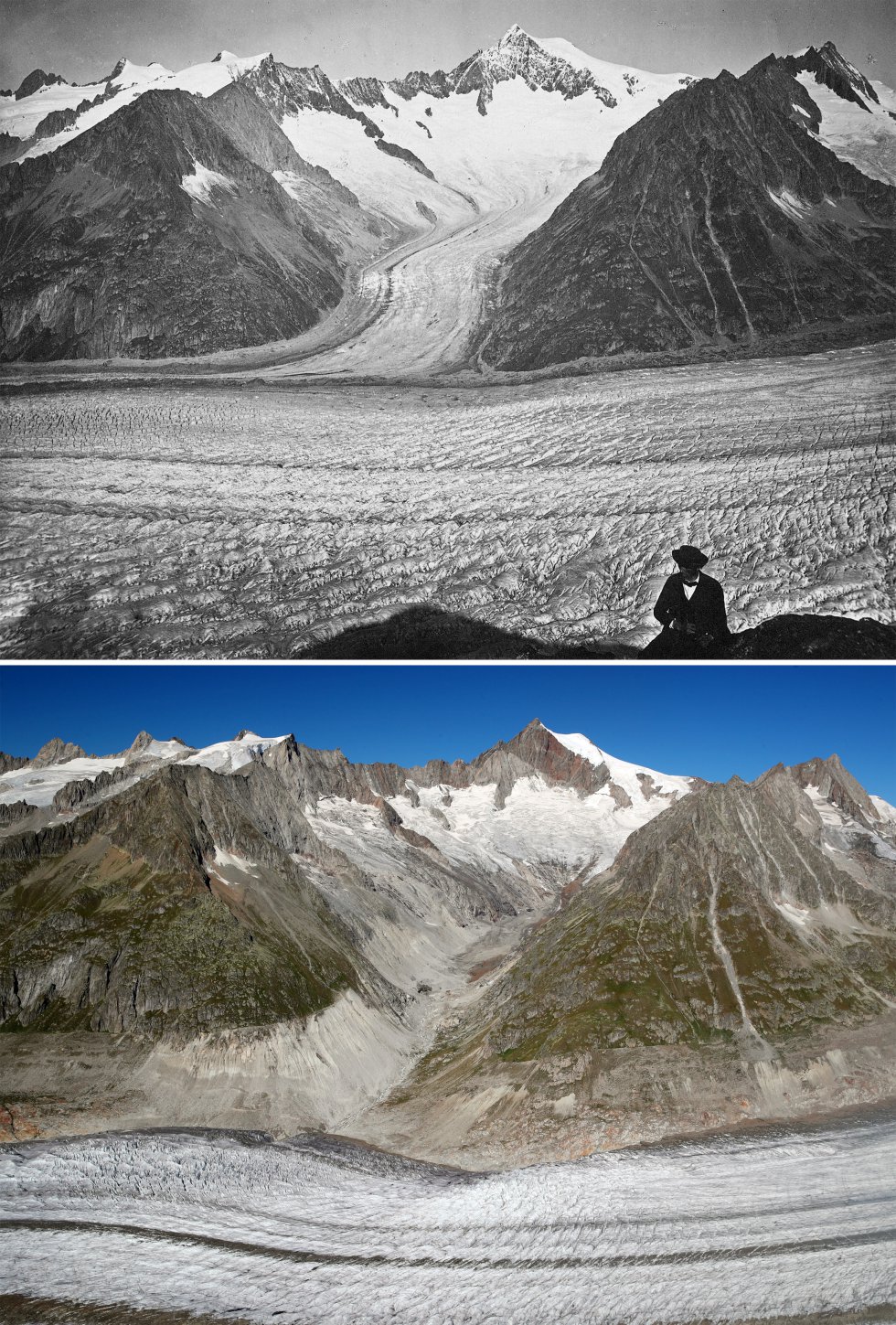 Suiza ha perdido más de 500 glaciares en los últimos dos siglos y los expertos prevén la desaparición de otros 1.350 hasta el final del siglo. En la imagen, el glaciar Aletsch, fotografiado entre 1860 y 1877 (arriba) y, abajo, en septiembre de este año.