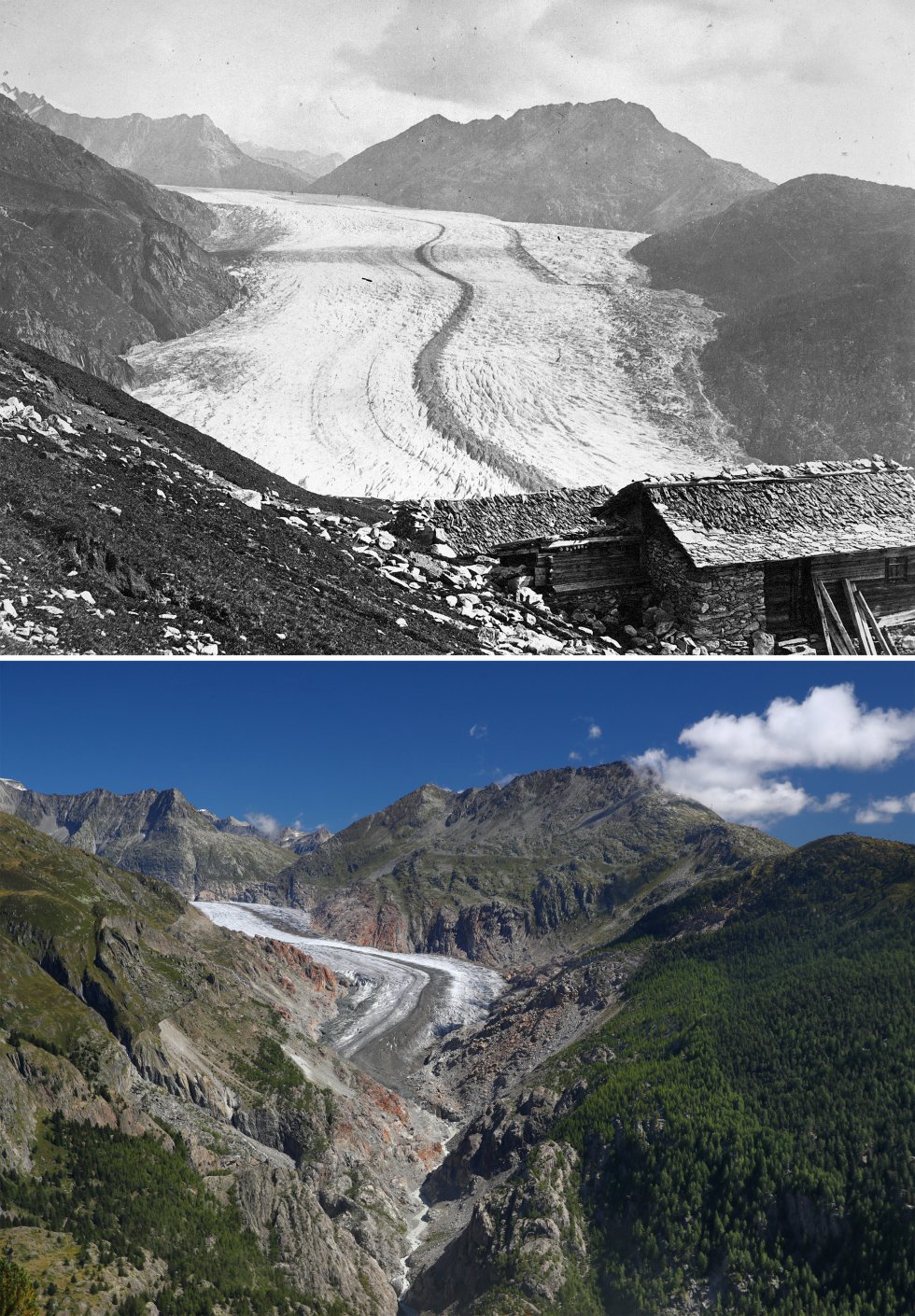La última imagen corresponde al glaciar Aletsch, en 1865 y en la actualidad. Denis Balibouse además de tomar las fotos también ha publicado un vídeo con su trabajo,  que puedes ver aquí.  Una de las consecuencias del calentamiento global en esta zona del mundo es que cadáveres atrapados en los glaciares salen a la superficie después de décadas congelados,  como te contamos en este 'post' de Mundo Global. 