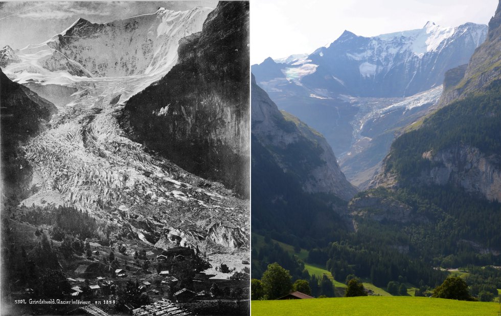 En esta imagen se puede apreciar el impresionante cambio en el paisaje en el glaciar Lower Grindelwald, en los Alpes suizos. La foto de la izquierda está tomada en 1865, la de la derecha, en agosto de 2019.