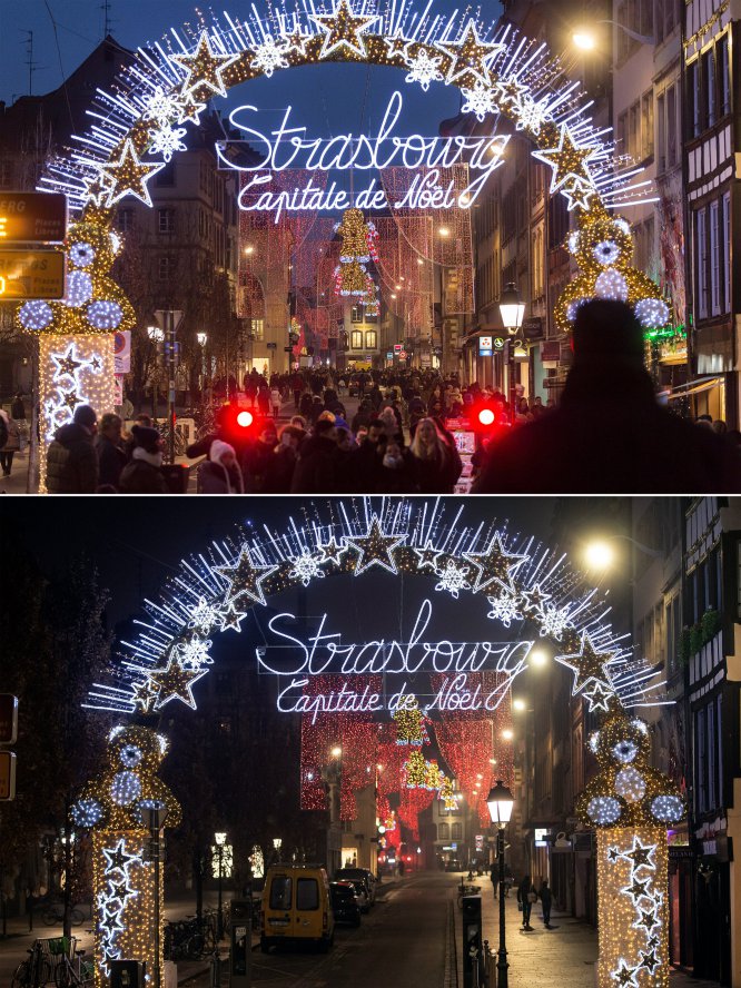 Arriba, el mercado navideño en Estrasburgo (Francia), el 20 de diciembre de 2016. Abajo, el mismo lugar, el 27 de noviembre de 2020.