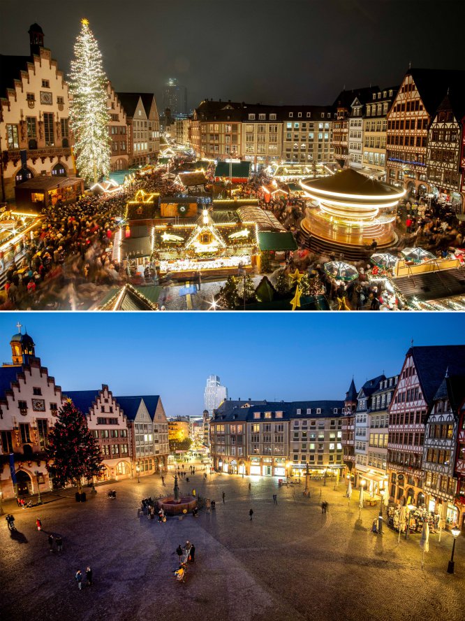 Arriba, ambiente navideño en la plaza de Roemerberg en Fráncfort (Alemania), el 25 de noviembre de 2019. Abajo, el mismo lugar el 27 de noviembre de 2020.