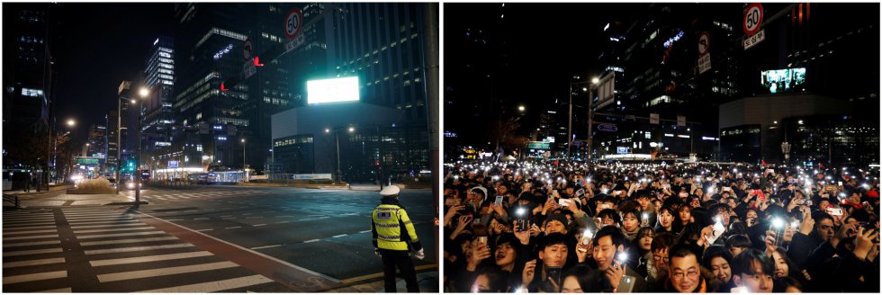 Essas duas imagens comparam pessoas que participaram de uma celebração de Réveillon em 31 de dezembro de 2019 (à direita) e um policial parado em frente a uma passadeira de corrida no último dia de 2020, em Seul, na Coreia do Sul.