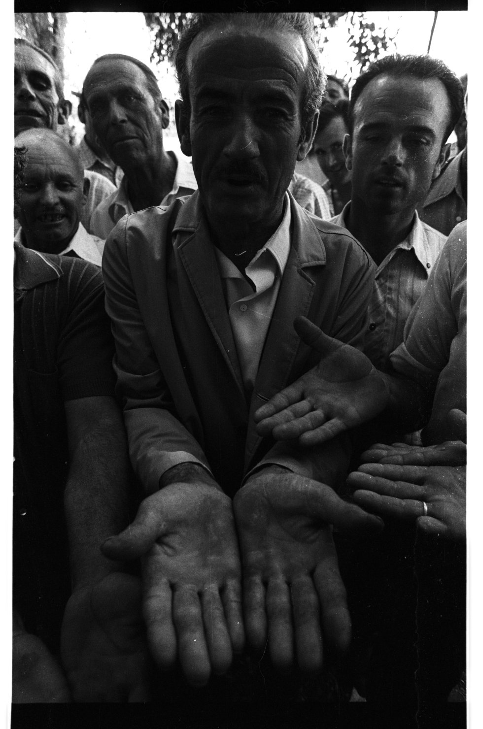 Aceituneros del campo de Jaén muestran sus recias manos el día que decidieron hacer su primera gran huelga por una mejora de sus condiciones laborales, en el otoño de 1977.
