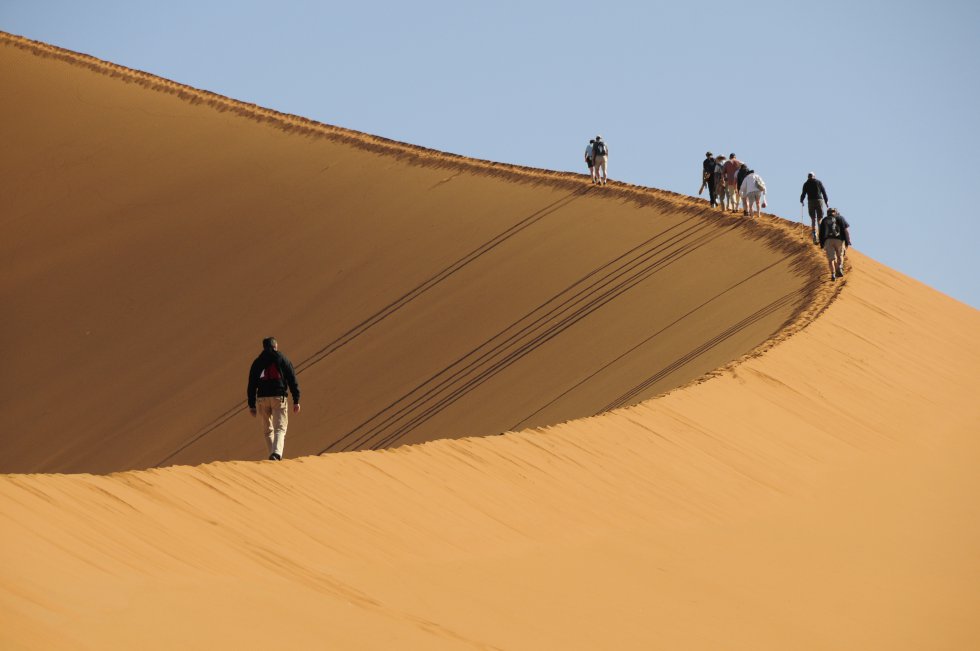 Namib-Naukluft, con sus casi 50.000 kilómetros cuadrados, se convirtió en el área protegida más grande de Namibia en 1979. Lo integran una parte del desierto de Namibia, considerado el más antiguo del mundo, con dunas de hasta 300 metros (en la foto); las montañas Naukluft, con picos cercanos a los 2.000 metros de altura; Puerto Sandwich, a unos 45 kilómetros de la bahía de Walvis, rodeada de dunas y con una laguna poco profunda al sur, hogar de flamencos, cormoranes y pelícanos; el salar de Sossusvlei, rodeado por altas dunas de arena roja, y el cañón Sesriem.