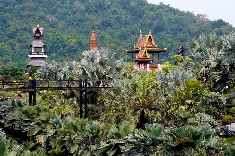 In 1954, el señor Pisit y la señora Nongnooch Tansacha compraron algo más de 240 hectáreas cerca de Pattaya, en la provincia de Chon Buri (Tailandia), para convertirlas en una plantación de mangos, naranjas, cocos y otras frutas locales. Tras un viaje al extranjero, la señora Nongnooch decidió que aquello serÃa un vergel tropical de flores y plantas ornamentales de todo el mundo: jardÃn inglés y europeo, cactus, especies de Nueva Caledonia, Asia, América tropical o Ãfrica central. Abrió al público en 1980, añadiendo a las flores que lo han elevado a centro botánico de renombre internacional espectáculos con elefantes, ceremonias religiosas, demostraciones de artes marciales o masajes, un zoo, restaurantes, un hotel y casas de alquiler de estilo tailandés.