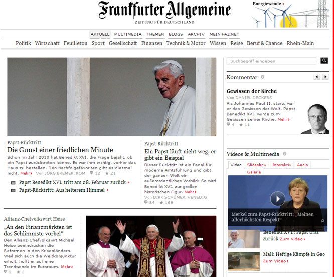 El diario alem&aacute;n 'Frankfurter Allgemeine Zeitung' abre su edici&oacute;n web con una foto del todav&iacute;a pont&iacute;fice y varias piezasque completan el despliegue sobre la renuncia de Benedicto XVI.