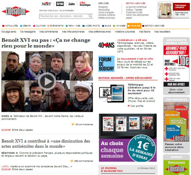 La edición digital del medio francés 'Libération' abre su web con una encuesta en la que plantean si la renuncia del Papa supone realmente un cambio para el mundo. En la noticia que acompaña, el diario recoge las reacciones de la clase política al anuncio del pontífice y titula: "Benedicto XVI ha contribuido a una disminución de los actos antisemitas en el mundo".