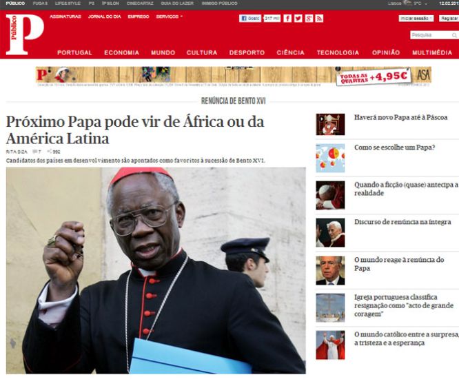 La edici&oacute;n web del peri&oacute;dico portugu&eacute;s P&uacute;blico apuesta en su p&aacute;gina por los posibles sucesores de Benedicto XVI: "El pr&oacute;ximo Papa puede venir de &Aacute;frica o Am&eacute;rica Latina".